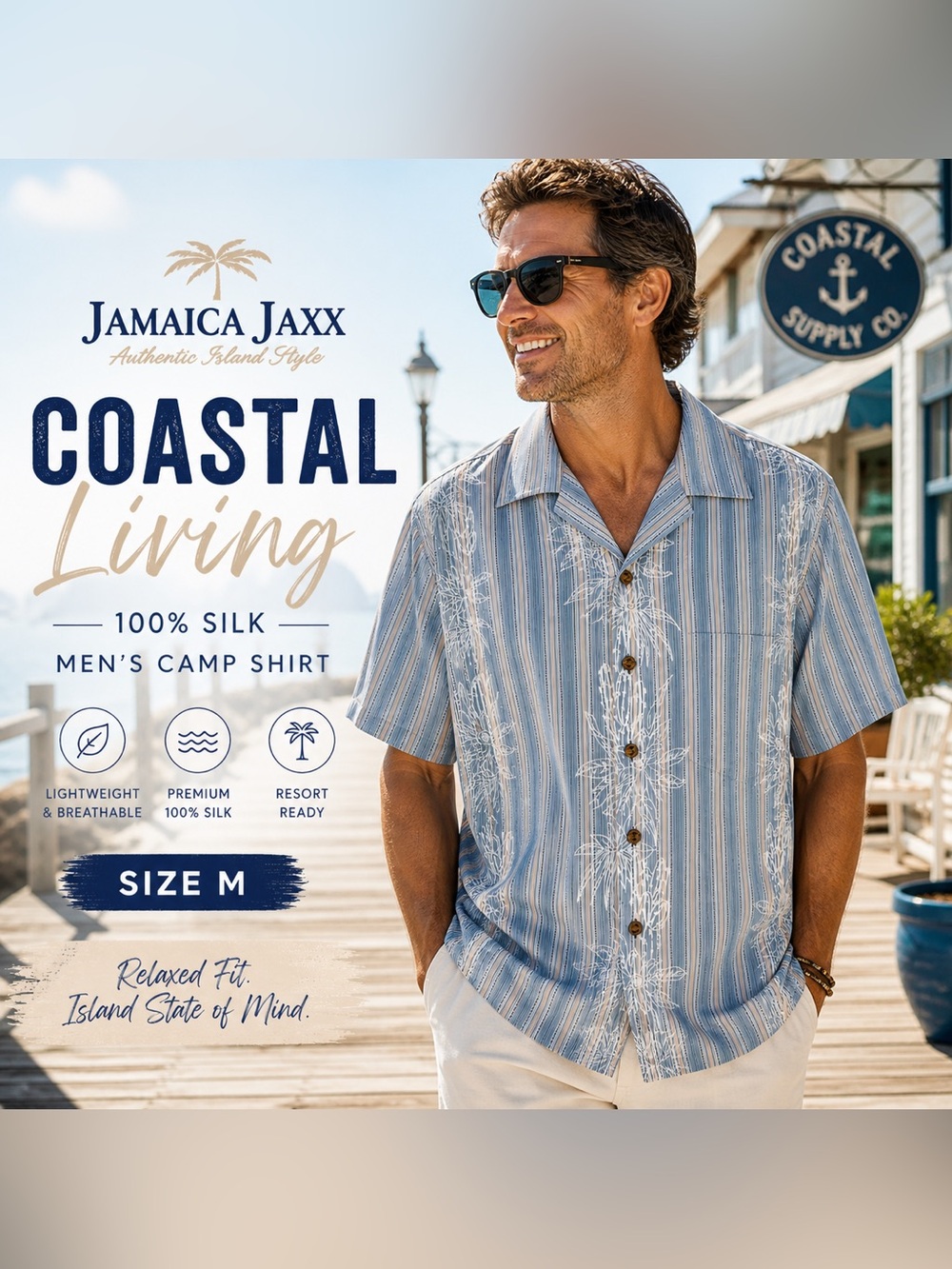 Jamaica Jax 100% Silk Camp Shirt |‎ Coastal Stripe Tropical Button Up Men’s M